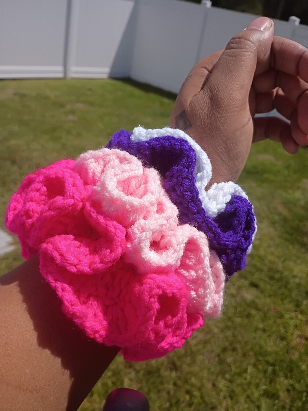 Handmade Crochet Ruffle Scrunchies in Hot Pink, Light Pink, Purple & White